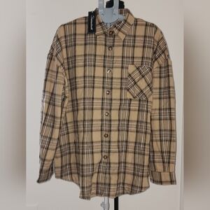 Fantaslook Men's Plaid Flannel Cotton Button-Up Shirt 2XL Beige Brown Black